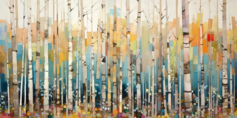 Foto auf Acrylglas Antireflex Abstract colorful geometric illustration of birch trees, birch tree forest, horizontal or landscape aspect ratio. Generative AI.  © Carl & Heidi