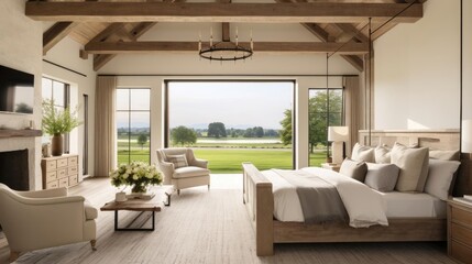 Fototapeta premium luxury modern farmhouse bedroom with wooden beams
