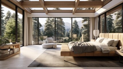 luxury modern open plan bedoom with rich natural light wooden beams and minimalist features view of pine forest