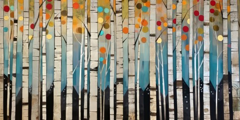 Abstract colorful geometric illustration of birch trees, birch tree forest, horizontal or landscape aspect ratio. Generative AI.

