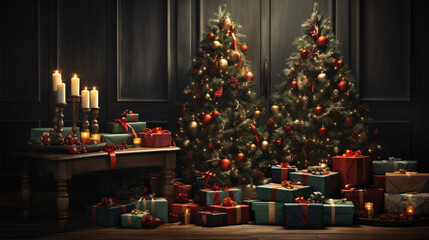 Fototapeta na wymiar Magische Weihnachtsstimmung: Ein funkelnder Weihnachtsbaum umgeben von prächtig verpackten Geschenken und warmem Kerzenschein. Eine festliche Szene, die die Besinnlichkeit und Freude der Feiertage ein