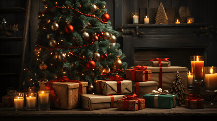 Magische Weihnachtsstimmung: Ein funkelnder Weihnachtsbaum umgeben von prächtig verpackten Geschenken und warmem Kerzenschein. Eine festliche Szene, die die Besinnlichkeit und Freude der Feiertage ein