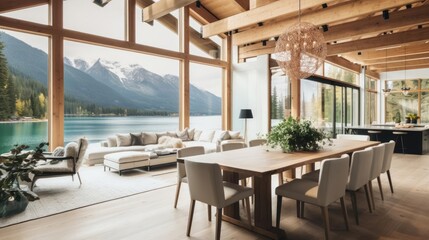 luxury modern open plan dining room with rich natural light wooden beams and minimalist features