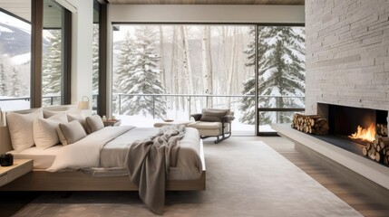 Modern cozy minimalist house bedroom with snowy forest outside