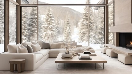 Modern cozy minimalist house living room with snowy forest outside