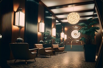 cinematic close up of a futuristic 60s hotel lobby interior at night vintage moody 8K highly detailed very realistic oldschool vintage cinema style retro film grain  - obrazy, fototapety, plakaty