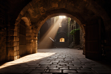 Basement interior with stone floor - Medieval European basement interior, with round ceiling and stone floor, with strong sun lights at the entrance - obrazy, fototapety, plakaty
