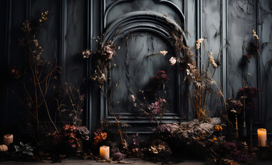 dark wall decor with dried flowers textured fabrics in a luxurious royal Victorian style, candles in old lanterns