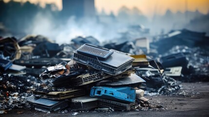 Piles of Electronic Waste in a Landfill - obrazy, fototapety, plakaty