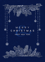 Vector vertical card of Christmas Background with branches of christmas tree and silver elements.
