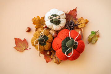 Autumn decorations. Knitted pumpkins, leaves and others decorations on color background. Home decor.