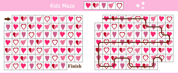 Maze game for kids. Find the correct path by the pattern. Cartoon hearts