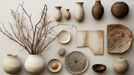 A set of materials used in Organic Modern decor. Close-ups of organic decorative materials, accent textures and neutral backgrounds. Scandinavian or Japandi style.