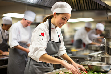 Young woman chef preparing food in a restaurant