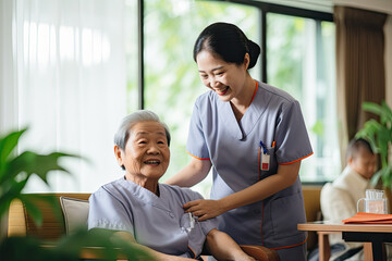 Asian care worker carrying for elderly Asian woman in a nursing home