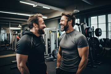Fototapeta na wymiar Two men laughing and talking to each other at the gym