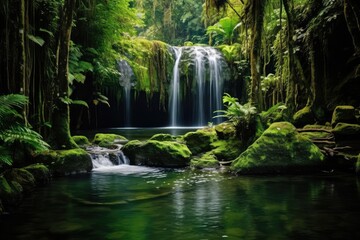 A cascading waterfall hidden deep within a lush rainforest