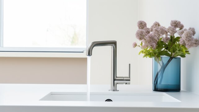 Fragment of a modern luxury kitchen with window on the background. White stone countertop with built-in sink, chrome faucet, flowers in a vase. Close-up. Contemporary interior design. 3D rendering.