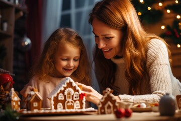 Young girl her mother making gingerbread house for New Year, Christmas. New Year's atmosphere. Comfort of home. Preparing for New Year and winter holidays.