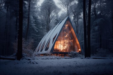 High-tech house snow-covered forest. Dark time of day. Lamps are lit in house. - Powered by Adobe
