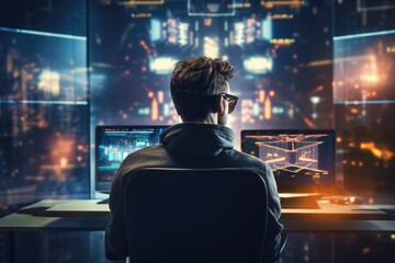 A young businessman sits in front of a computer surrounded by neon diagrams. Artificial intelligence serves humans. Illustration of the future.