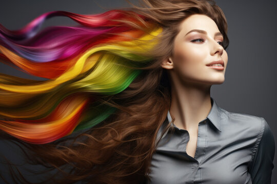 Free LGBT woman. Young woman with hair the color of the rainbow flag on a dark background.