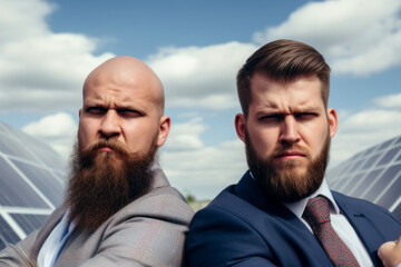 Two bearded men look at the camera against a solar-powered blue sky with clouds. Alternative sources of electricity.