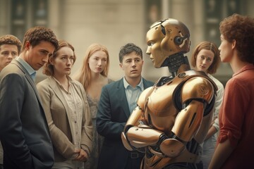 Illustration of people ignoring a robot. A robot surrounded by distrustful people - obrazy, fototapety, plakaty