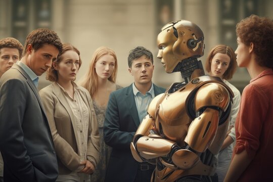 Illustration of people ignoring a robot. A robot surrounded by distrustful people