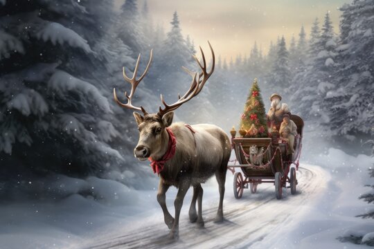 A deer is carrying a cart in which there is a New Year's decorated Christmas tree, a point on a snow-covered road and snow-covered Christmas trees.