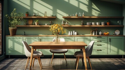 Interior of modern classic kitchen. Wooden dining table and chairs, green furniture, flowers and fruits, crockery on the shelves, large window. Contemporary home design. 3D rendering.