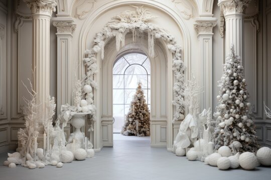 Beautiful White Christmas Aesthetic Background. Decorated Interior Of The House