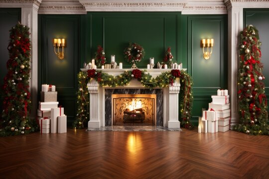 Cozy fireplace decorated with christmas garland in the traditional living interior