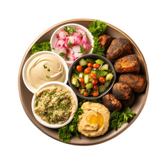 Top-down shot of a mouth-watering Middle Eastern mezze platter, with hummus, falafel, and tabbouleh, a perfect appetizer or light meal for any occasion, isolated on a white background
