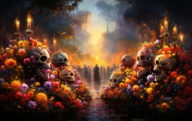 A flower altar in honor of the Day of the Dead - obrazy, fototapety, plakaty