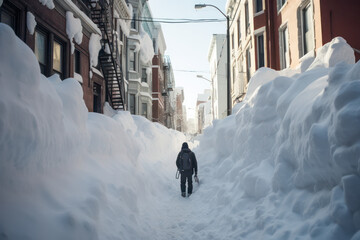 Person walking in a street covered in snow