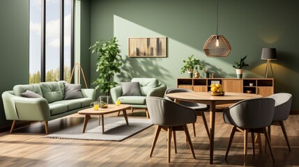 Interior of modern cozy scandi living room in green tones. Stylish sofa and armchair, wooden dining table and chairs, commode, houseplants. Contemporary home design. 3D rendering.