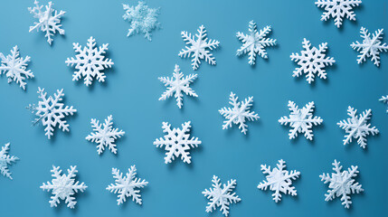 Snowy background with snowflakes. Flat lay.
