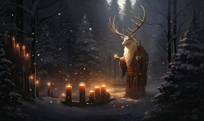 mystical deer creature with candles in the snow. 