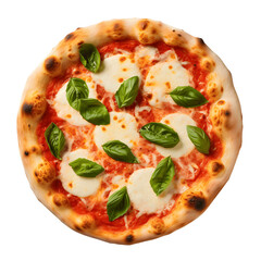Top-down view of a delicious and authentic Margherita pizza, with tomato, mozzarella, and basil, isolated on a white background
