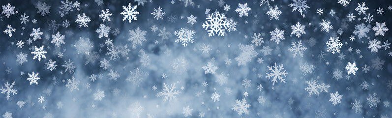 Fototapeta na wymiar Snowy background with snowflakes. Flat lay.