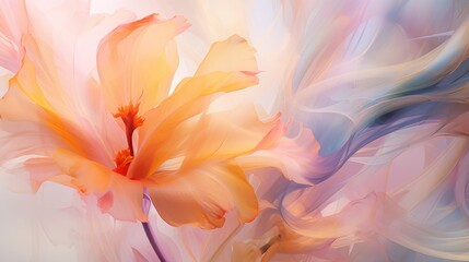 Abstract Floral Fusion background with a surreal twist. Geometric shapes seamlessly meld with vibrant flowers in shades of pastel pink, yellow, and orange.