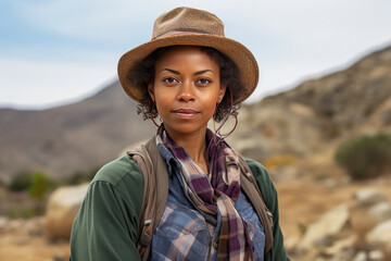 A black female archaeologist is excavating in the mountains