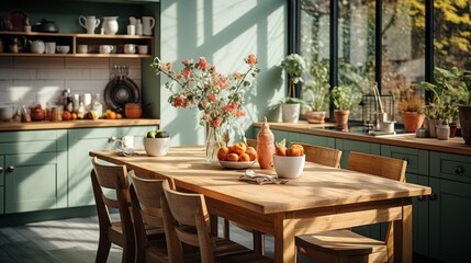 Fototapeta na wymiar Interior of modern classic kitchen. Wooden dining table and chairs, green furniture, flowers and fruits, crockery on the shelves, large window. Contemporary home design. 3D rendering.
