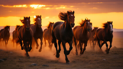 Fototapeta na wymiar beautiful wild horses running in the field at sunset
