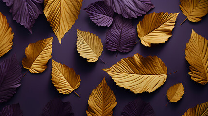 Metallic autumn leaves. Purple and yellow decorative background. Flat lay.