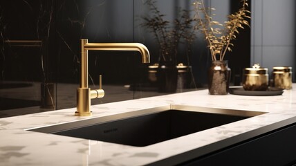 Fragment of a modern luxury kitchen. Marble countertop with built-in sink, gold faucet, black backsplash, decorative vases. Close-up. Contemporary interior design. 3D rendering.