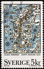 Ancient map of Scandinavia of 1572 on sweden stamp - obrazy, fototapety, plakaty