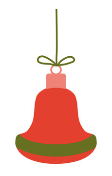 Christmas tree decoration toy, red bell or jingle with green stripe, winter holidays design, vector