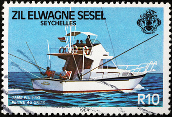 Game fishing celebration on postage stamp from Seychelles